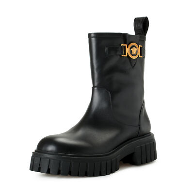 Versace Women's Black Leather Gold Medusa Boots Shoes