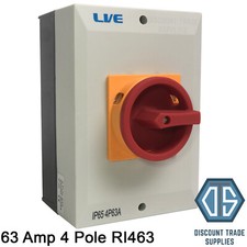 Live IP65 Weatherproof Rotary Isolator Switch 63 Amp 4 Pole RI463 230 Volt