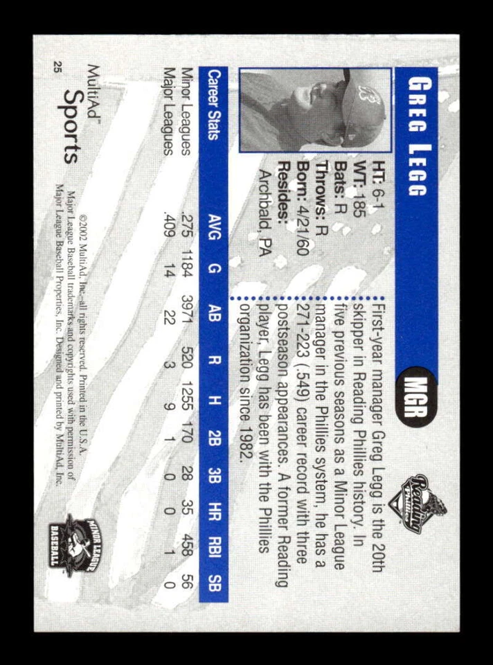 2002 Multi-Ad Reading Phillies #25 Greg Legg NM-MT BXCP01 - Image 2 of 2