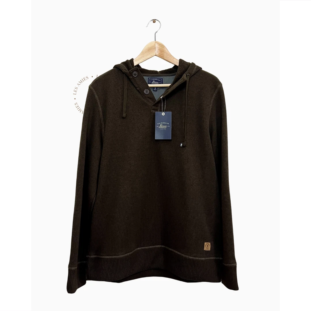 NWT G.H. BASS Co Brown 1/4 Button Fleece Lined Pullover Hoodie Knit Pullover M