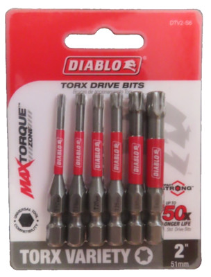 Diablo 2'' Torx Drive Bits.  Package of 6  T 10, 15, 20,25,30,40 #DTV2-S6  NEW
