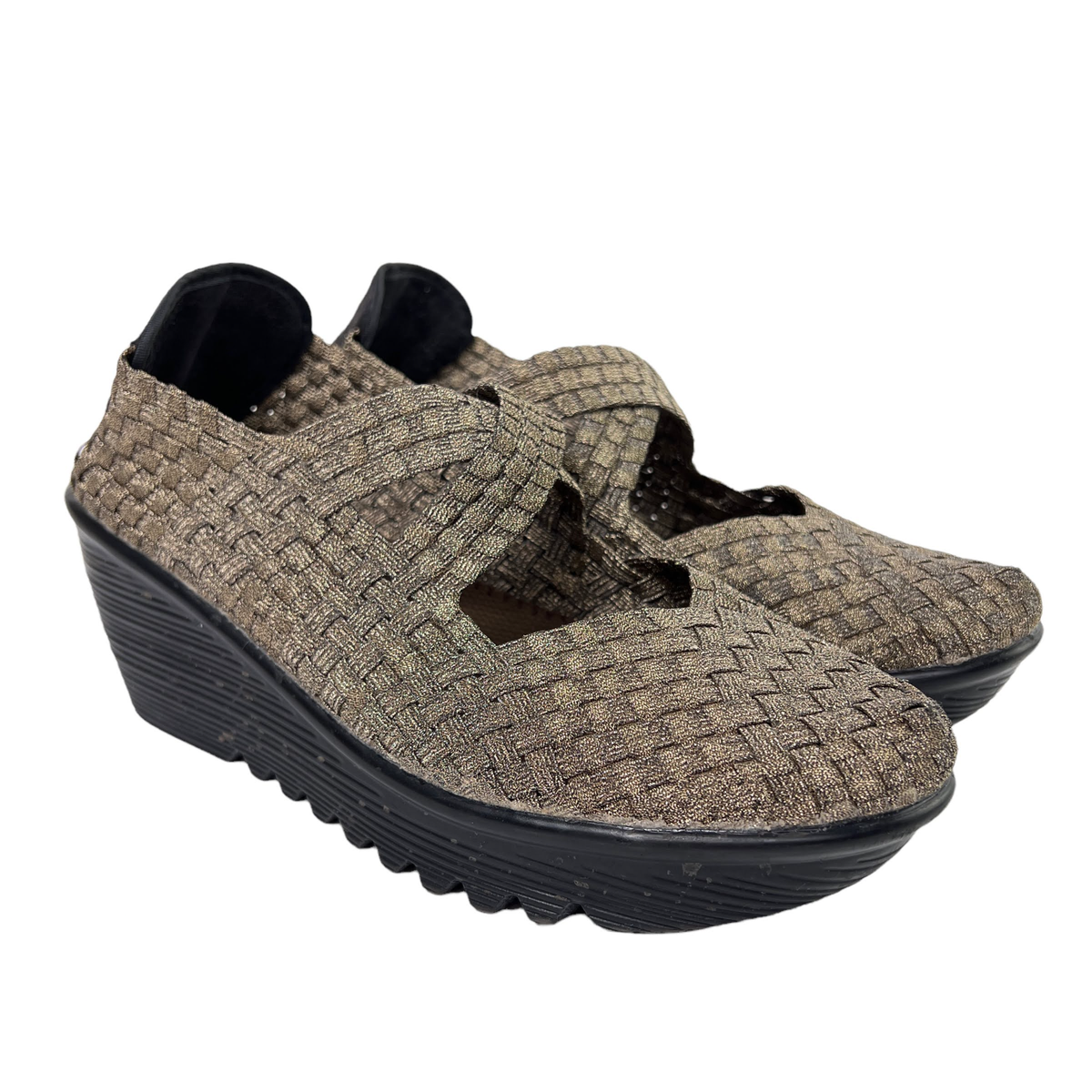 BM Bernie Mev Cleopatra Slip On Gold Woven Fabric Wedge Heel