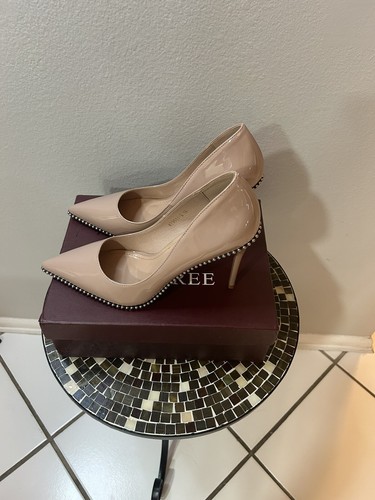 Bigtree Tan Pointed Toe High Heel Silver Studded Shoes Size42/9.5 - Picture 6 of 13