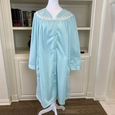 VTG Jasmine Rose Robe Housecoat Aqua Sz L Grannycore Soft Embroidered Snap READ