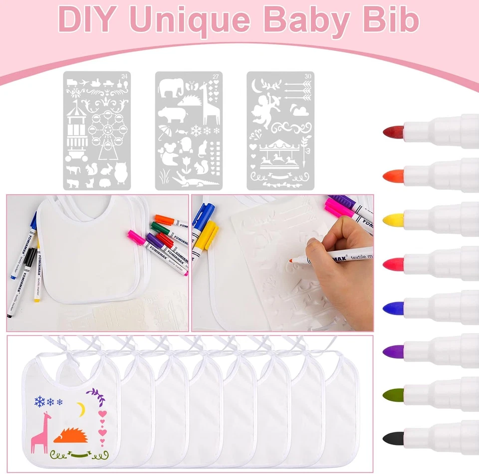 Lätzchen zum Bemalen - 8 Stück - Doppelseitiges - Textilstifte - Babyparty - Bild 4 von 4