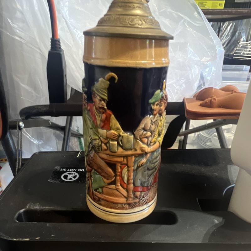 Made in Germany Lidded Beer Stein Blue Floral Relief Tavern Scene Hinged Lid