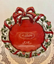 St. Nicholas Square 4"x4" Round Picture Frame Red Ribbon & Holly Berry Design