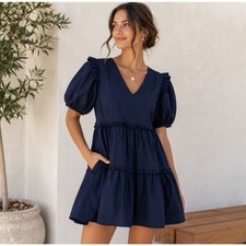 Sugarlips Madrigal Poplin Tiered Mini Dress M Navy Cotton Puff Sleeve Ruffle