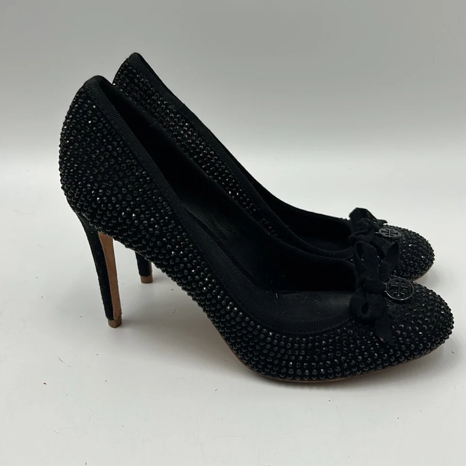 BOMBA LAZO ADORNADA CRISTALES TACÓN GAMUZA NEGRO TALLA 6.5 TORY BURCH MUJER Foto 4 de 4