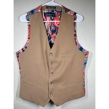 Paisley Gray Mens Tan Slim Fit Vest Bold Paisley Lining V-Neck Button Size Lg