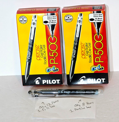 (20) Pilot P-500 Gel Ink Extra Fine Black Pens - 1 box of 12, 1 partial box of 8
