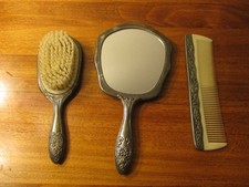 Vintage Silver Plated Vanity Set. Mirror, Brush Comb, Rare Mirror Shape.