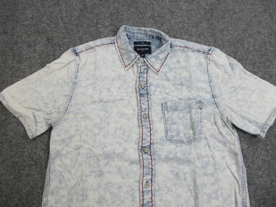 True Religion Shirt Mens Medium Denim Short Sleeve Slim Fit Casual Acid Wash - Image 3 of 4
