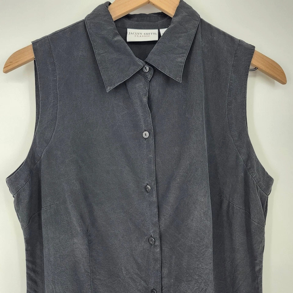 Топ Jaclyn Smith классический 100% шелк без рукавов на пуговицах большой черный роскошный - Изображение 3 из 4
