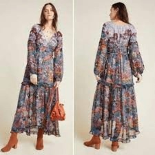 Anthropologie Maeve Annabella Floral Tiered Boho Maxi Dress V-Neck Long Sleeve