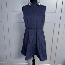 ELIE TAHARI Samiyah Navy Embellished Collar Pleated Fit and Flare 8 Button Up