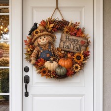Happy Fall Y'all Scarecrow Wreath, Fall Front Door Decor, Pumpkin Sunflower
