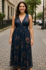 Baltic Born M Navy Floral Tulle Maxi Dress Sleeveless Evening Gown Dress