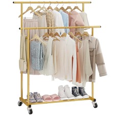 Double Rod Clothing Garment Rack Rolling Hanging Clothes Rack Portable Gold