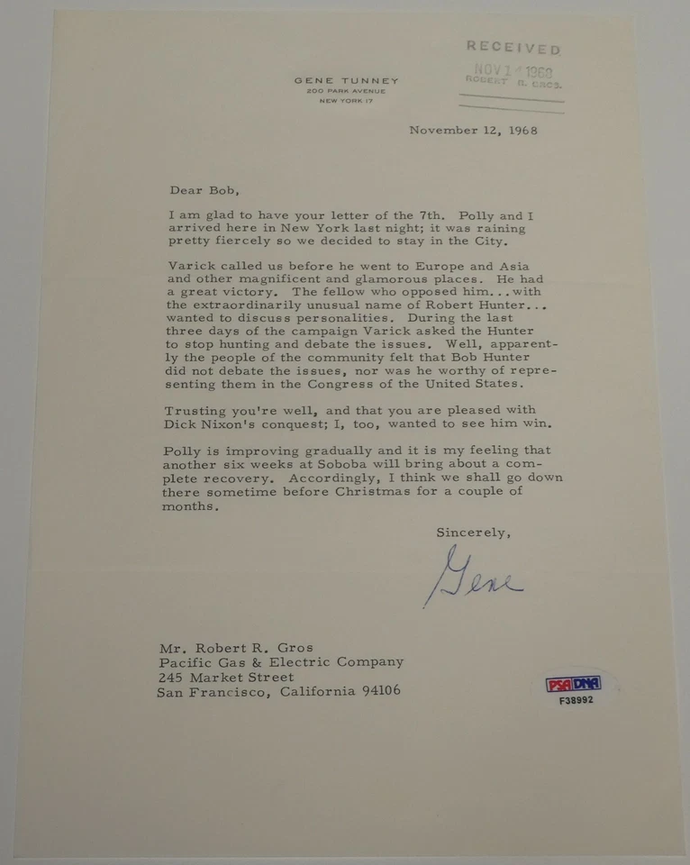 Gene Tunney Signed 1968 Personal Political Letter PSA/DNA w/ Richard Nixon +More - Image 2 of 4