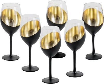 #ad 14 oz Black and Gold Tone Stemmed Wine Glasses Accent Glass Stemware Set of 6 $54.99