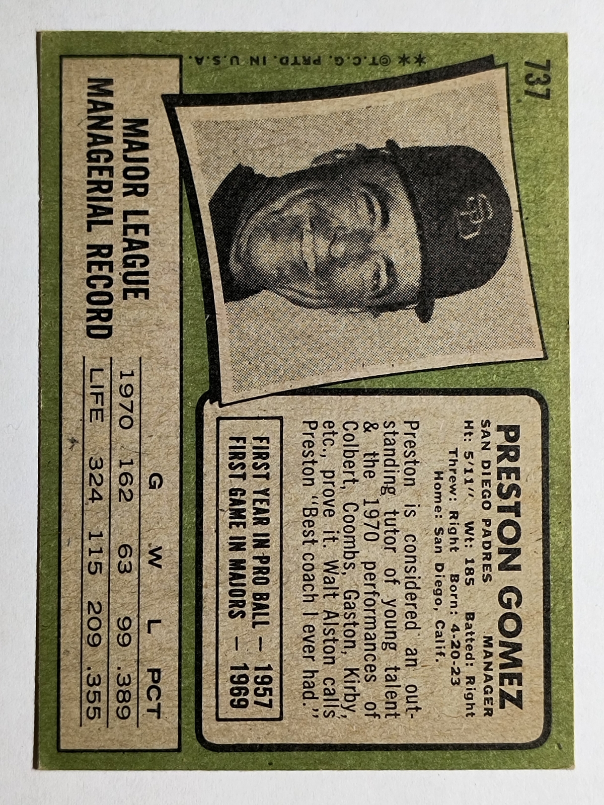 1971 Topps 737 Preston Gomez MG SP (EX) TechRev Blog