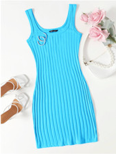 Mint Blue Scoop Neck Rib-knit Bodycon Pencil Casual Summer Dress Sz XS S M L XL