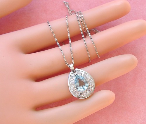 ESTATE 2.6ct PEAR AQUAMARINE 1.65ctw CHANNEL-SET DIAMOND HALO PENDANT NECKLACE - Picture 5 of 10
