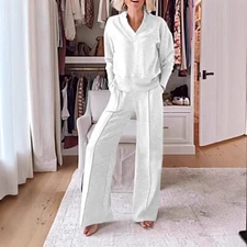 Women' Loose Sweater Wide-leg Pants Two-piece Sets Casual V-neck Long-sleeved