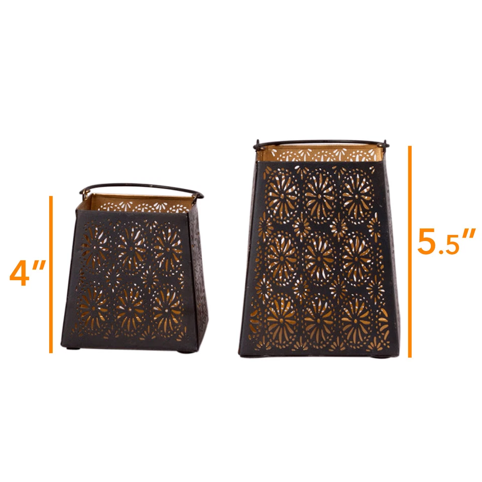 Juego de linternas decorativas de metal con corte de flores - Juegos de 2 candelabros Foto 4 de 4