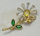 Glass Daisy Rose Vintage Yellow Clear Crystal Rhinestone Flower Bee Brooch Pin