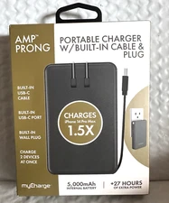 MyCharge Amp Prong Portable Charger with Built-In USB-C Cable & Plug - Gray  NEW