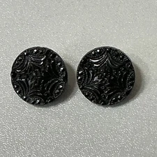 (2) Antique Black Glass Buttons Round Tunnel Shank 1/2” Spider Web B82