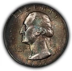 1957 25c Silver Washington Quarter - Deep Colorful End Roll Toning - SKU-Y6315