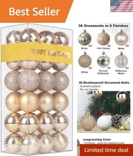 1.6" Shatterproof Champagne Gold Christmas Ornaments - Versatile 36-Piece Set