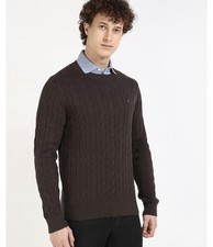 Tommy Hilfiger Men's Cotton Cable Knit Crewneck Sweater Brown. Size Large