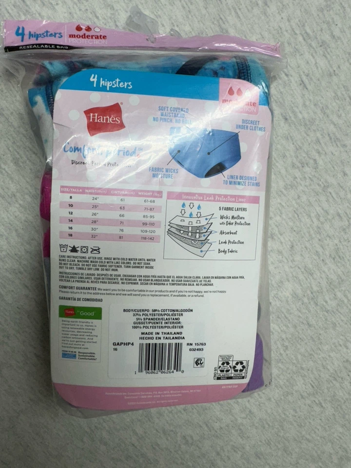 Paquete de 4 Ropa Interior Hanes Período Niñas Talla 16 Hipster Protección Moderada Suave Nuevo Foto 2 de 2