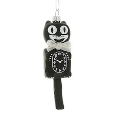RETRO CAT CLOCK ORNAMENT 5" Glass Cute Black Kit Kitty Cat Christmas Tree NEW