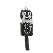 RETRO CAT CLOCK ORNAMENT 5" Glass Cute Black Kit Kitty Cat Christmas Tree NEW