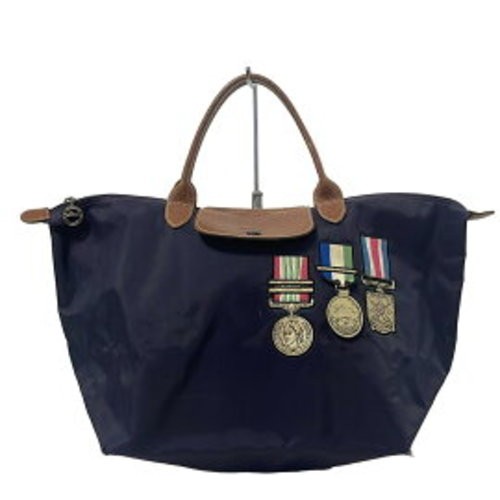 Auténtico bolso de mano Longchamp Jeremy Scott colaboración cuero azul marino motivo medalla - Imagen 1 de 9