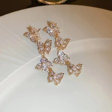 Women Zircon Butterfly Earrings Long Tassel Pendant Earrings Stainless Steel  