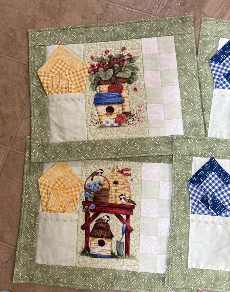 8 Placemats , With Napkins . Handmade , Quilted ,birds & Houses. - Image 2 of 4