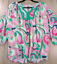 Crown Ivy Top Womens Large Multicolor Paisley Peasant 3/4 Sleeve BOHO Beach