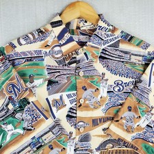REYN SPOONER x MIL BREWERS Size Large Mens Hawaiian Camp Shirt Button Up Front