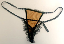 New Vtg ECLIPSE L Black Lace THONG PANTY Gold Faceted Bead Chain Beige Lined