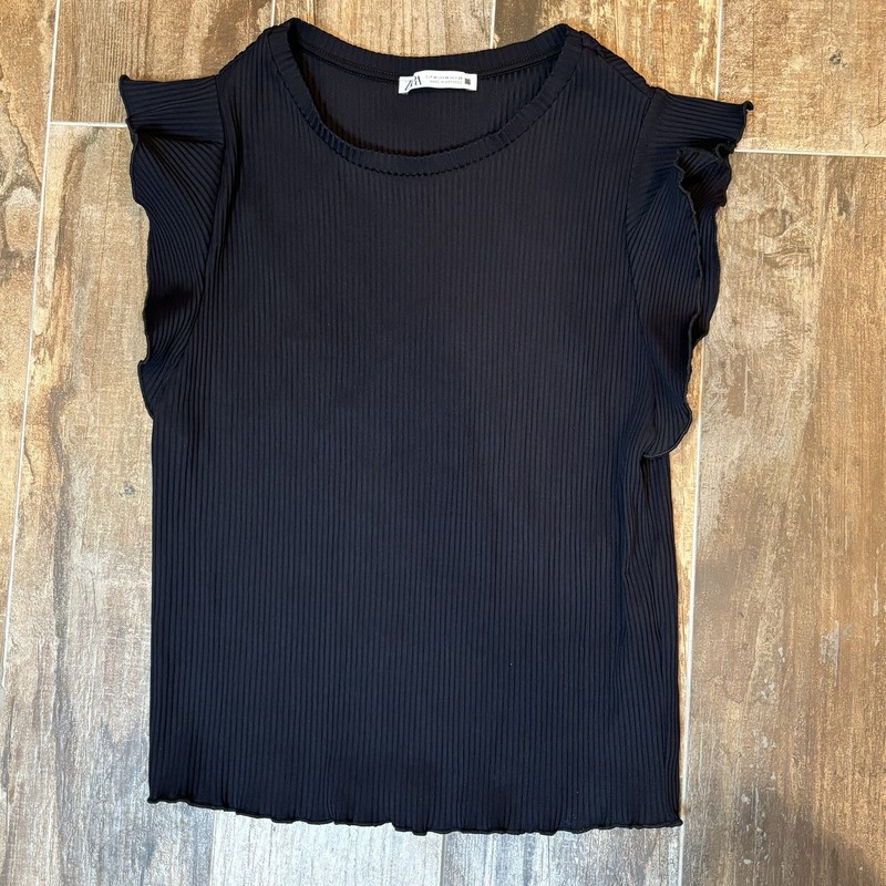 Zara Black Ruffle Sleeve Tank Top Shirt Blouse Work Outfit Clothes Size Medium