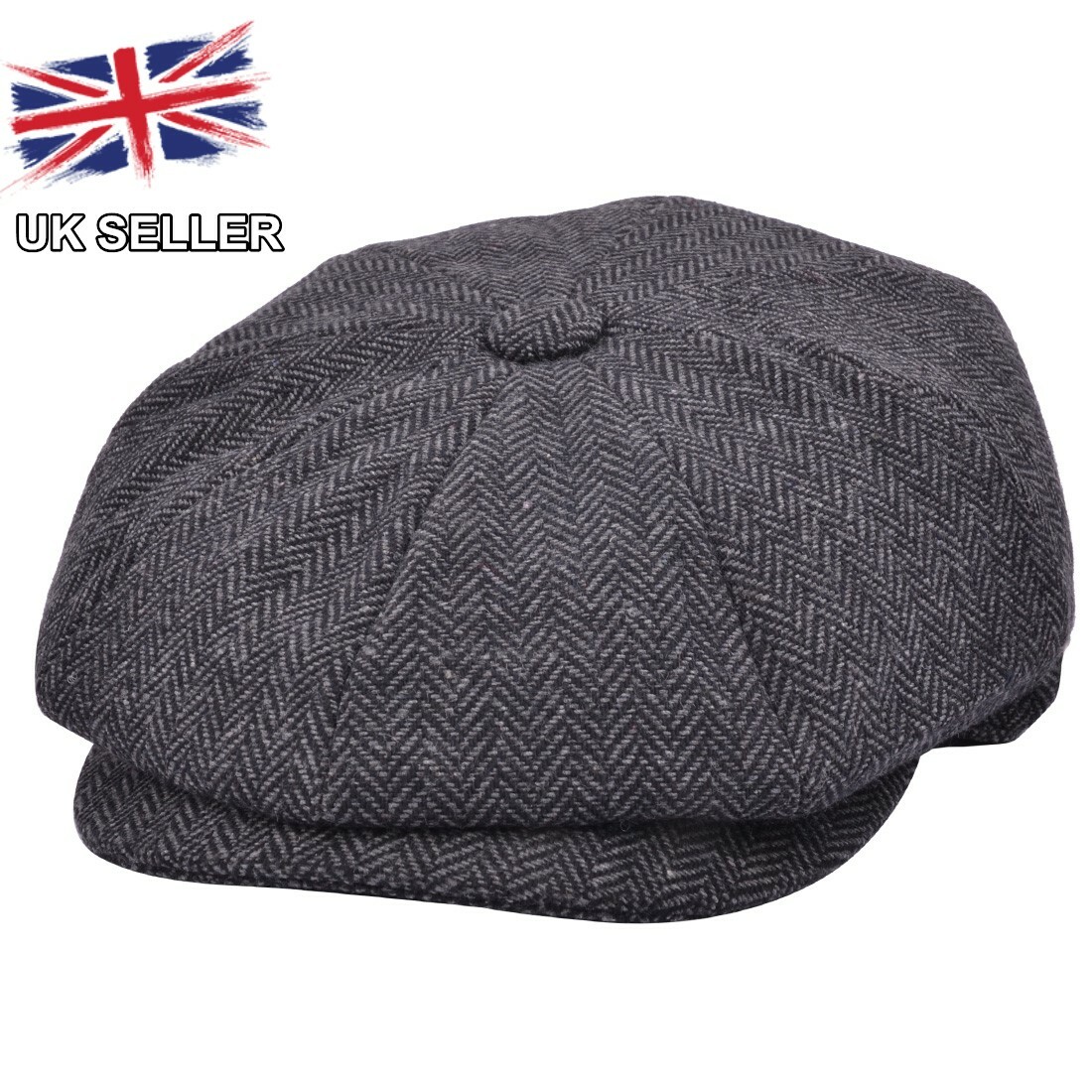 GREY TWEED NEWSBOY CAP HERRINGBONE PANEL GATSBY PEAKY BLINDER UK