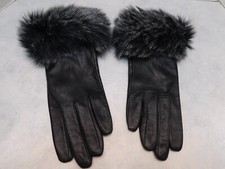 FASHION EXPRESS LADIES BLACKLEATHER GLOVES FAUX FUR TRIM POLYESTER LINING SZE LG