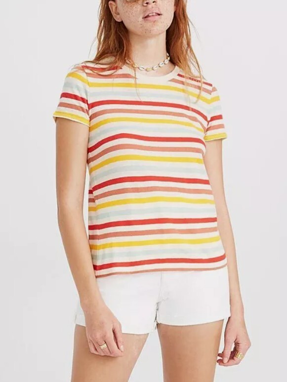 Madewell Lo-Fi Shrunken Tee in Lennie Stripe Size Medium Maple Glow Akita Gold