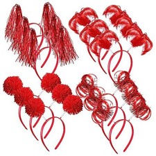 12 Pcs Pom Pom Headbands Spirit Party Headwear Tinsel Ponytails Head Red